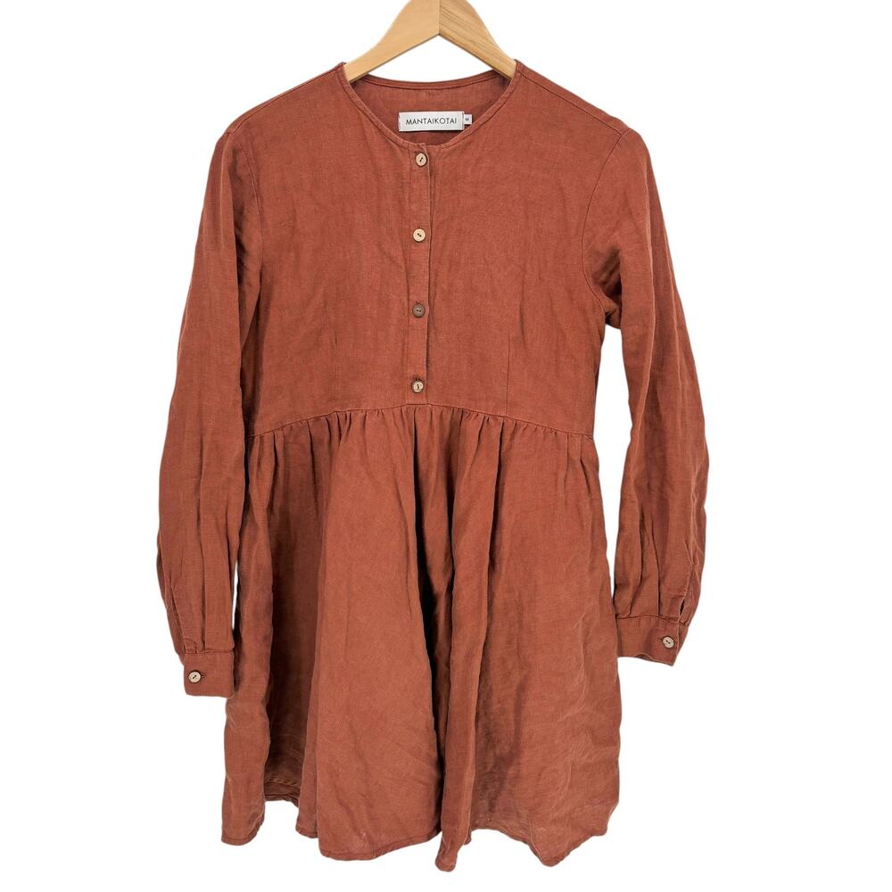 Mantaikotai 100% Linen Dress Medium Long Sleeve Rust Natural Minimalist Lagom‎